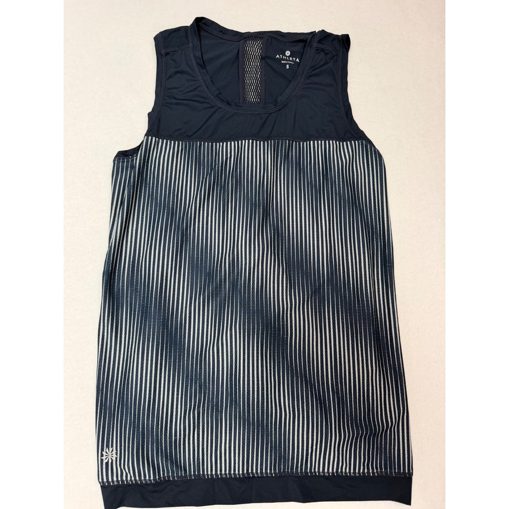 Athleta Chi Tank Navy Blue White Striped Mesh Back Activewear Top S 721566-04